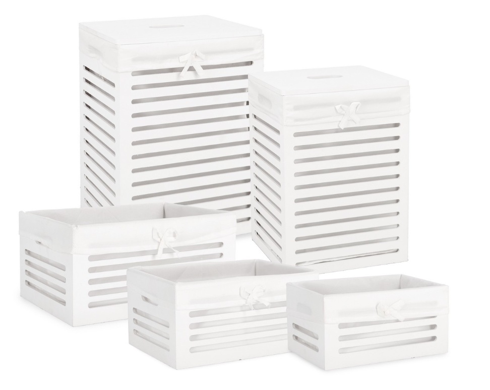 Laundry Baskets Set 2 cosuri de rufe si 3 cosuri depozitare albe din lemn Isra Rectangle Bizzotto