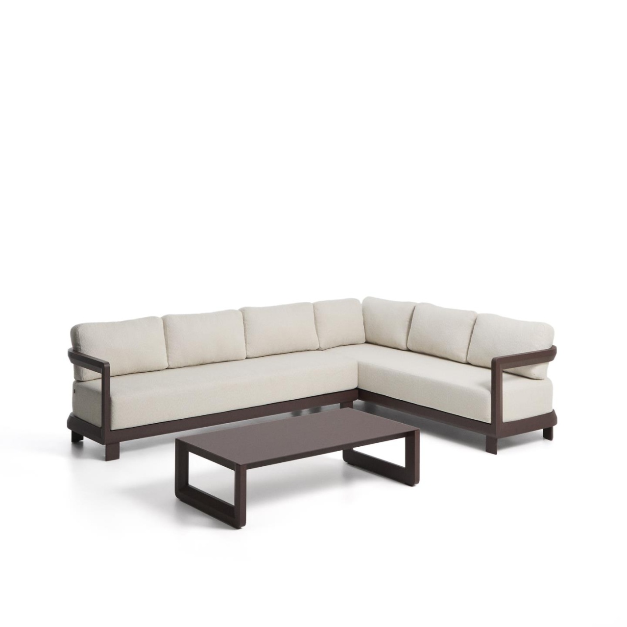 cafea plic Set canapea cu colt si masa de cafea maro din metal Nerano Kave Home