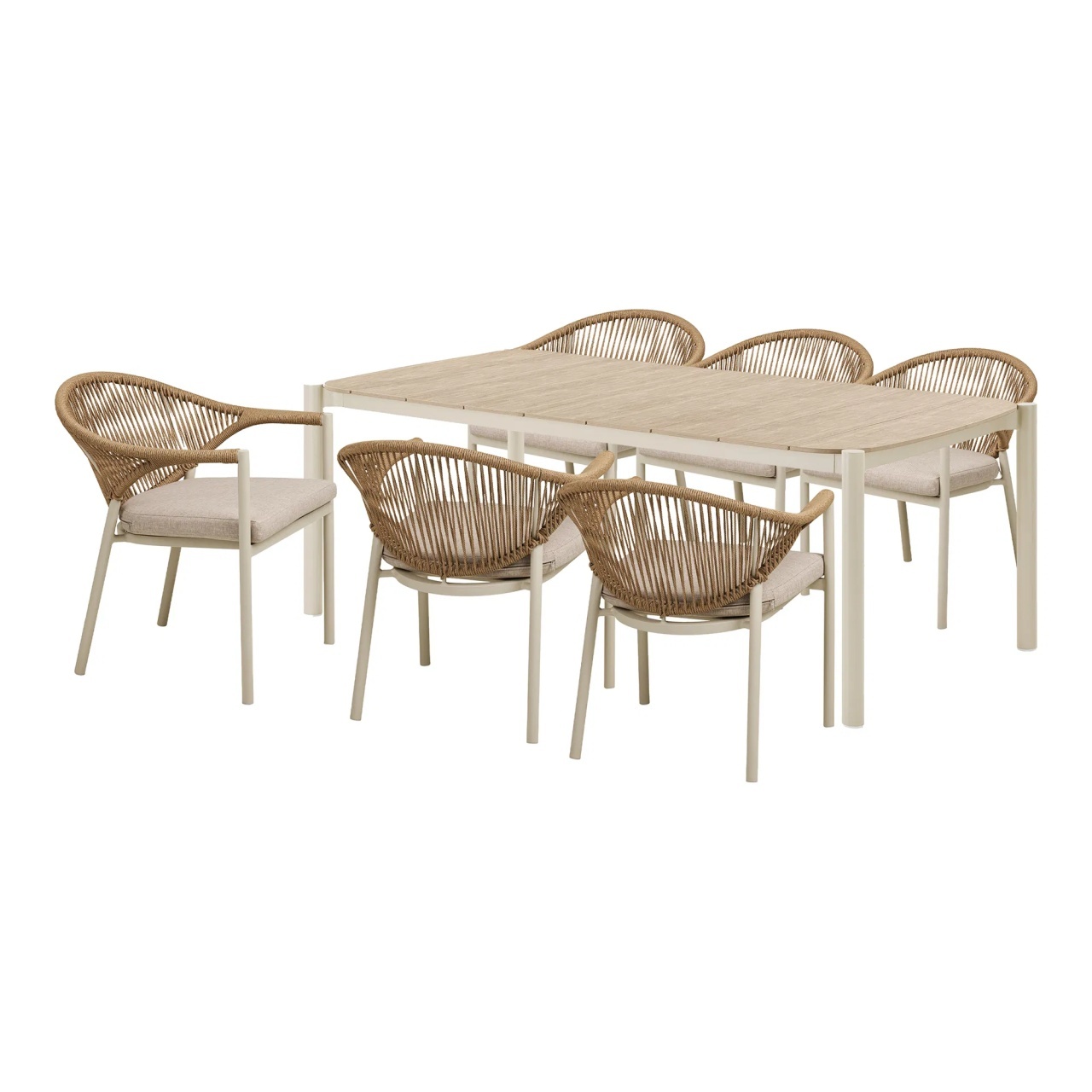 mese si scaune plastic ieftine Set masa dining si 6 scaune exterior maro/bej din metal Abela House Nordic