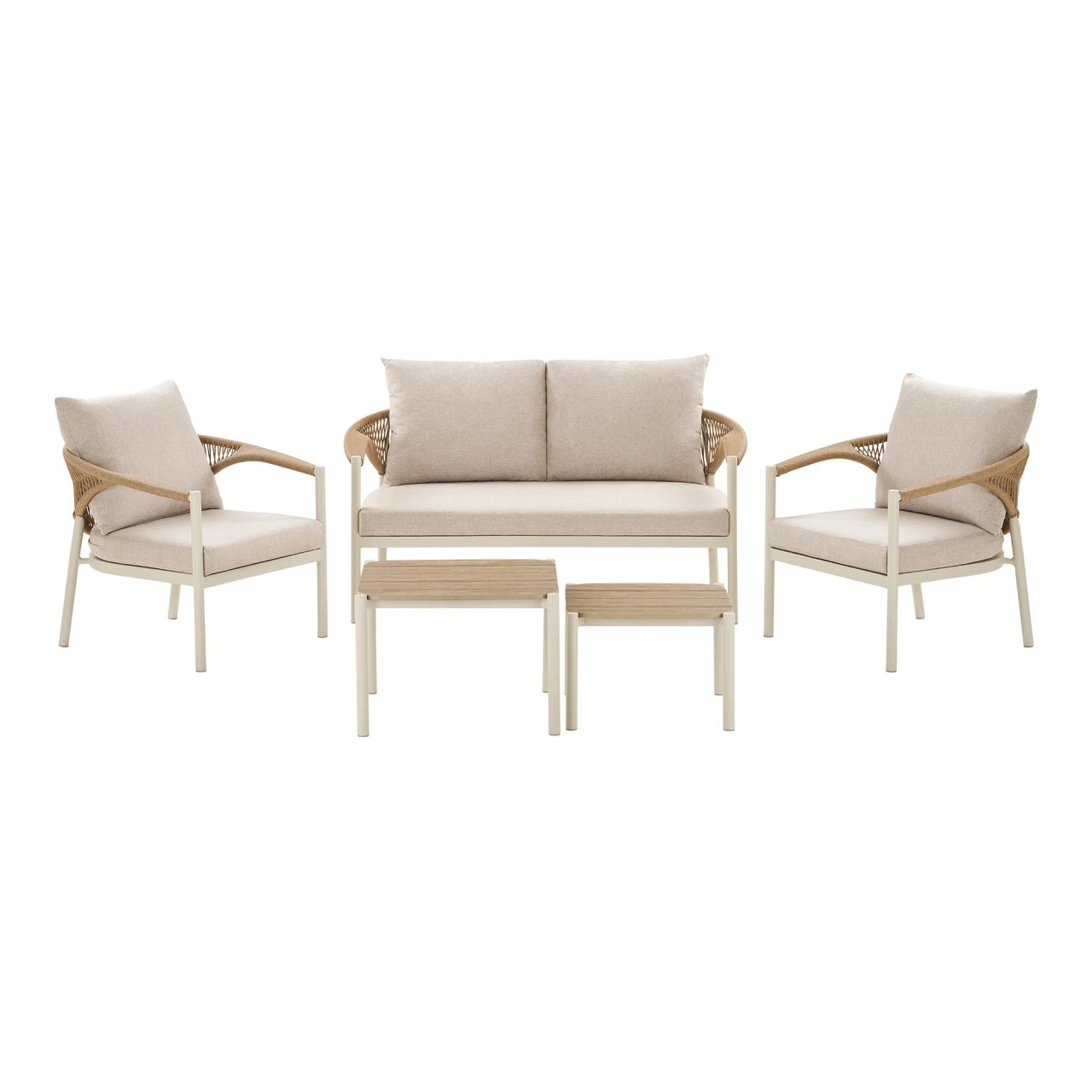 mese si scaune plastic ieftine Set 2 scaune, canapea si 2 mese cafea exterior maro/bej din textil Abela House Nordic