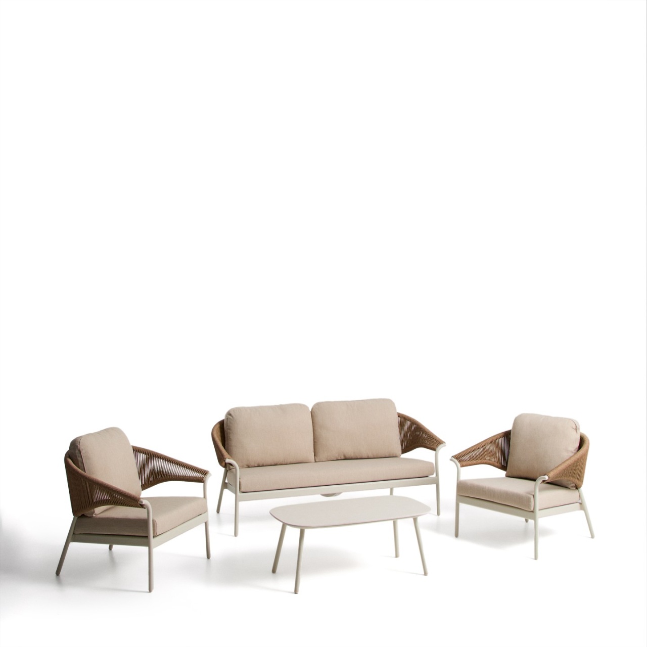 Outdoor Furniture Set canapea, 2 fotolii si masa de cafea exterior alb antic/bej din metal Zuara Kave Home