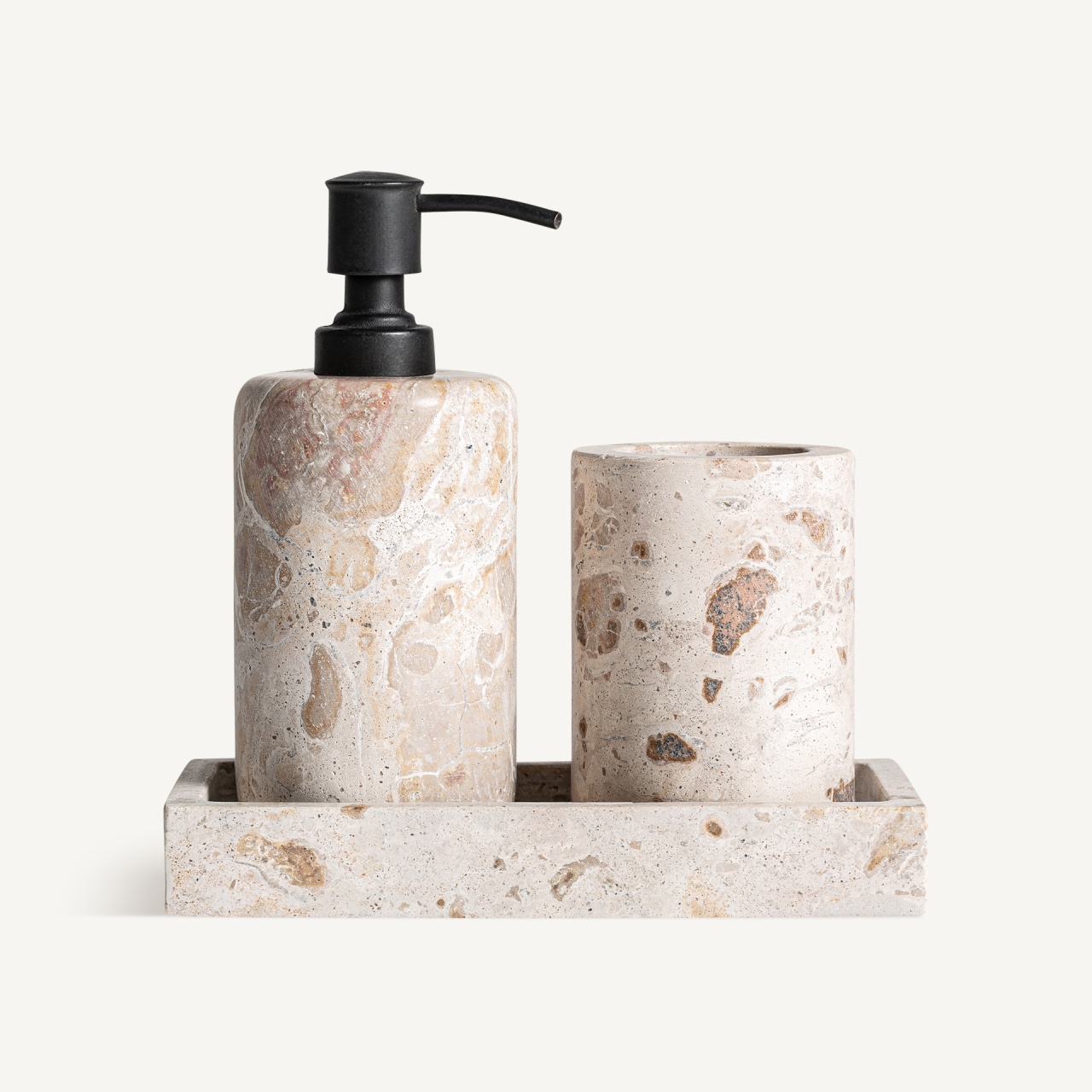 marmura granit travertin.preturi de fabrica Set dispenser sapun lichid cu suport pentru periute maro din marmura Chiron Vical Home