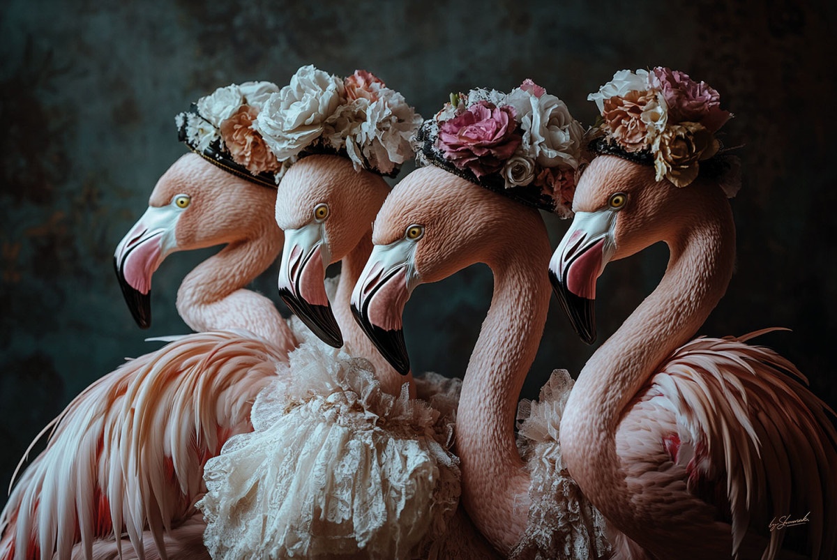 oferte dormitoare Tablou multicolor din sticla 80x120 cm Flamingos with flower hats Ter Halle