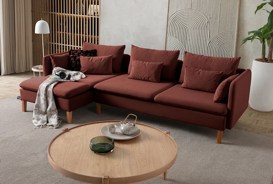 Sofas Canapea cu colt rosie din textil 285 cm Flexy Left Velvet The Home Collection