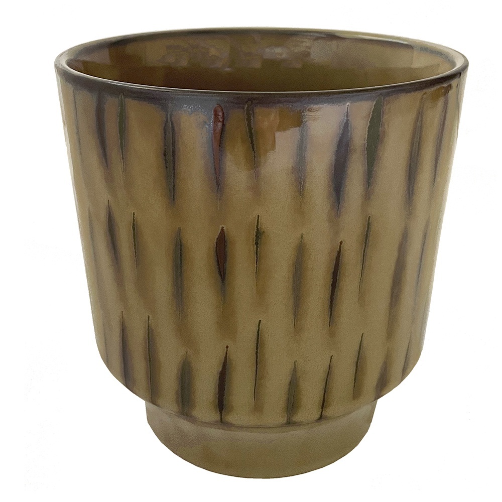Pots & Planters Ghiveci galben mustar/maro din ceramica 14 cm Striped Madam Stoltz