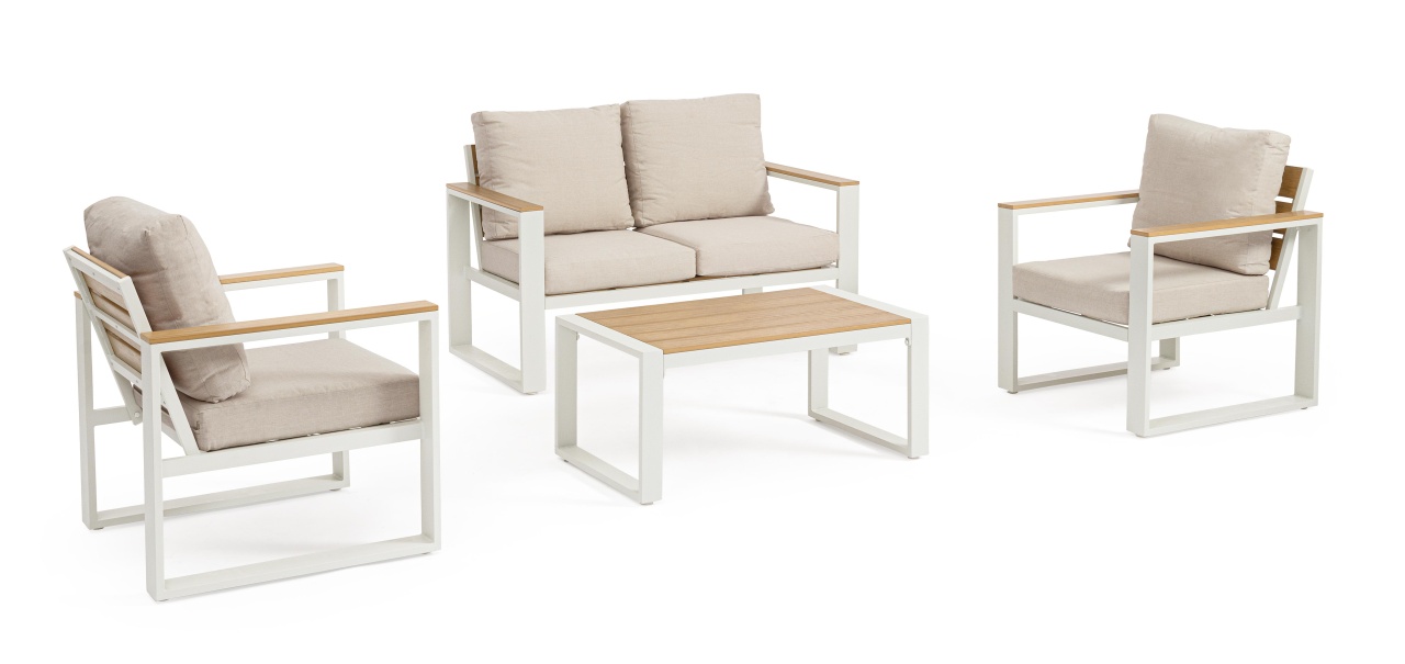 Outdoor Furniture Set canapea exterior cu 2 fotolii si masa de cafea maro/bej din metal Leandro Bizzotto