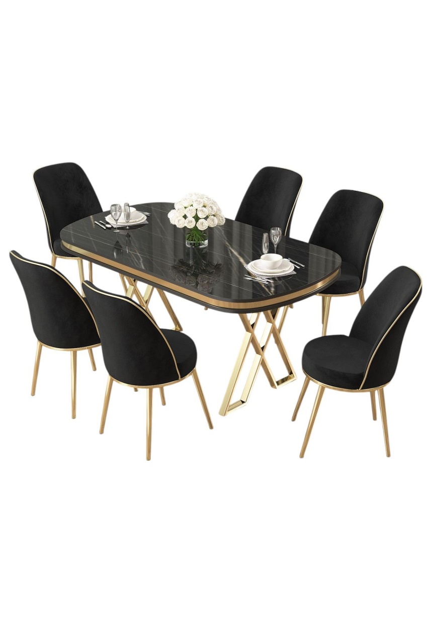 masa cu 6 scaune Set masa dining si 6 scaune negru/auriu din metal Lai The Home Collection