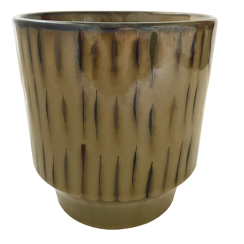 Pots & Planters Ghiveci galben mustar/maro din ceramica 17 cm Striped Madam Stoltz
