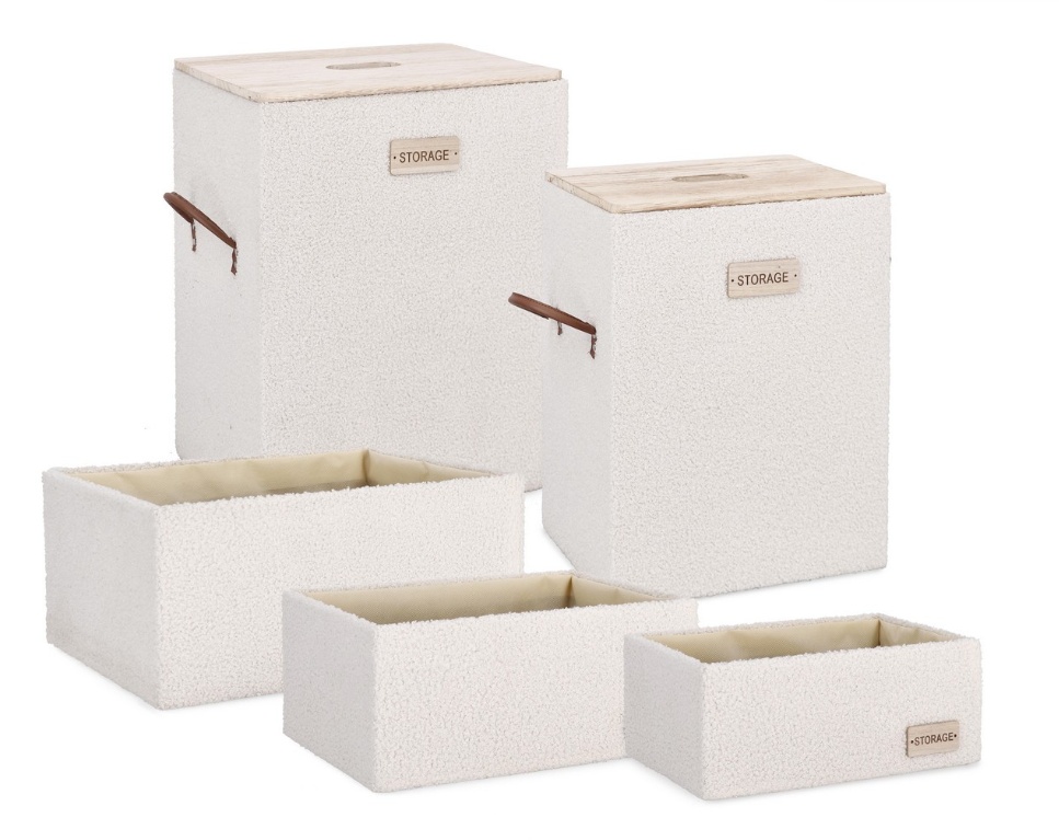 Laundry Baskets Set 2 cosuri de rufe si 3 cosuri depozitare albe din fibre sintetice Denny Rectangle Bizzotto