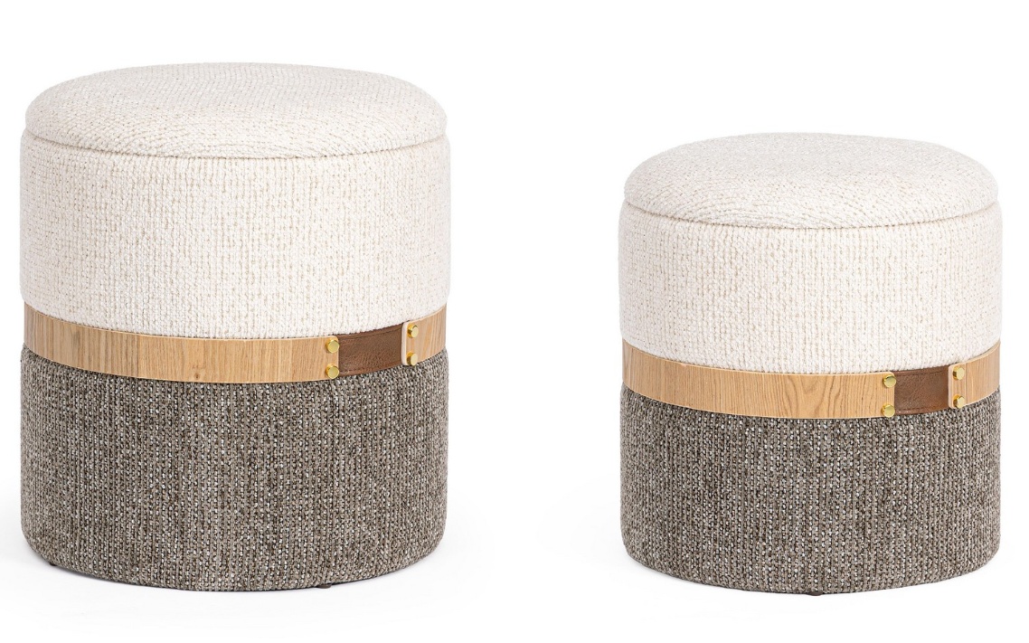 Ottomans Set 2 pufuri rotunde gri/alb din textil Talya Bizzotto