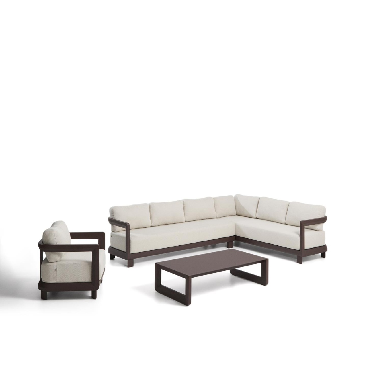 termos cafea Set canapea cu colt, fotoliu si masa de cafea exterior maro din metal Nerano Kave Home