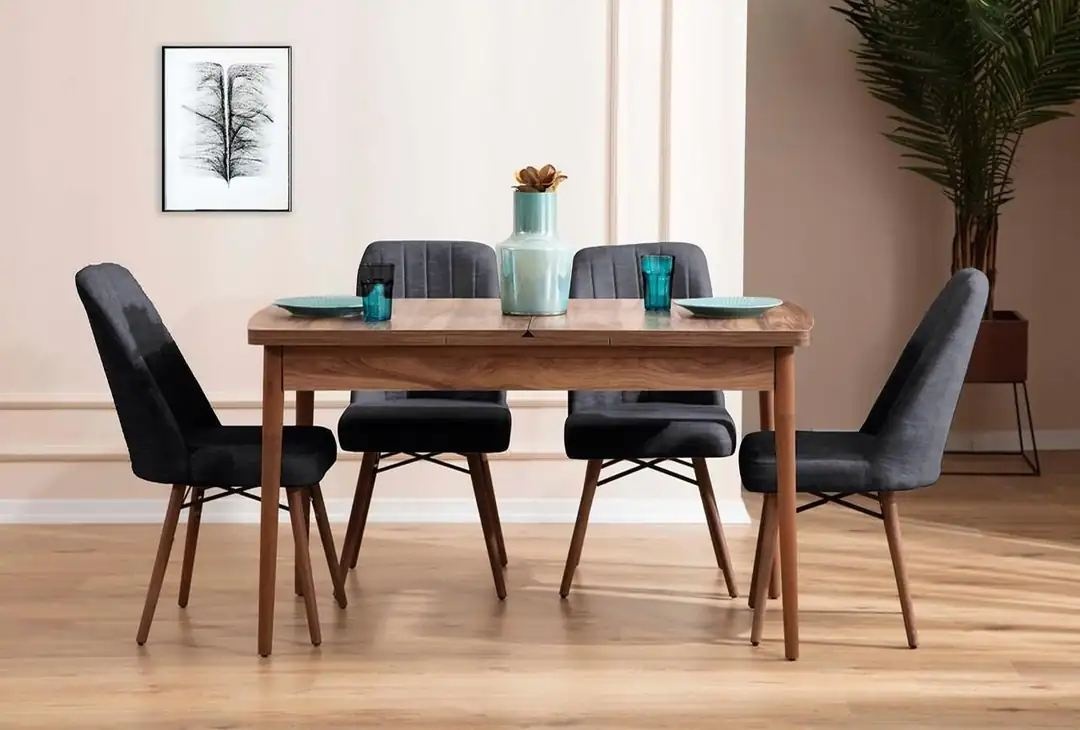 Set masa dining extensibila si 4 scaune maro/gri antracit din lemn Lidyana The Home Collection