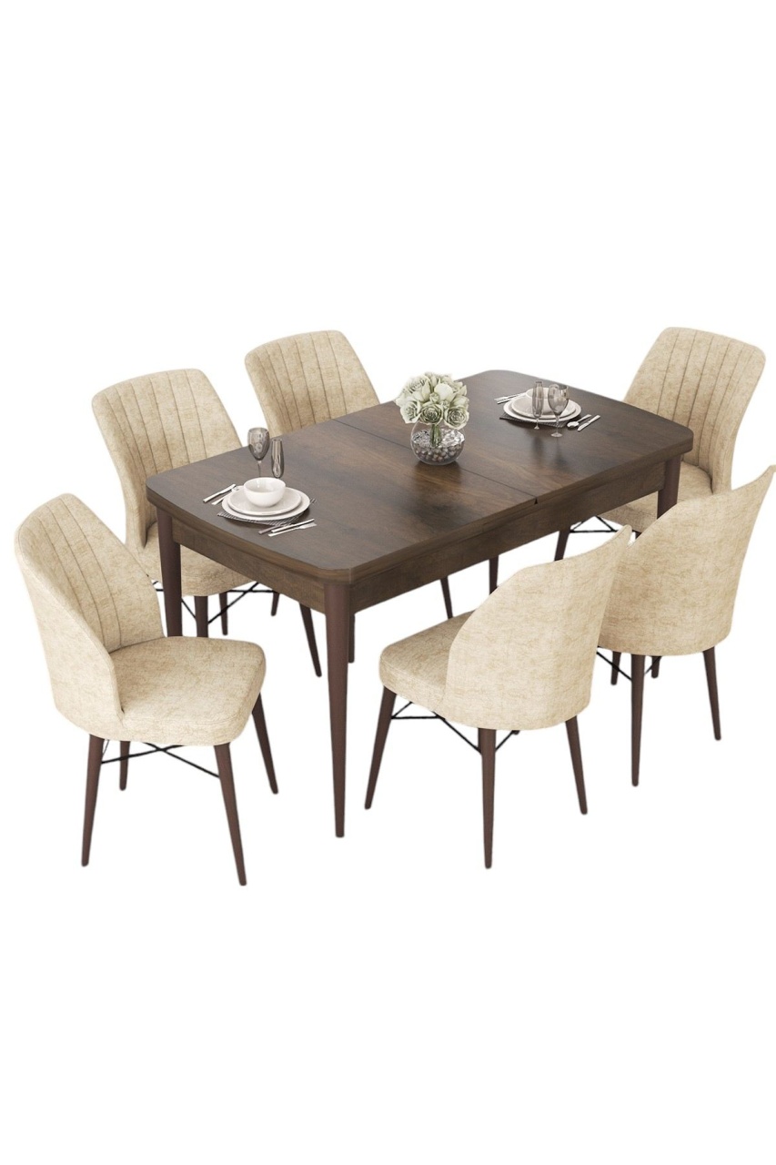 modele scaune din lemn rustice Set masa dining extensibila si 6 scaune maro/crem din lemn Nef The Home Collection