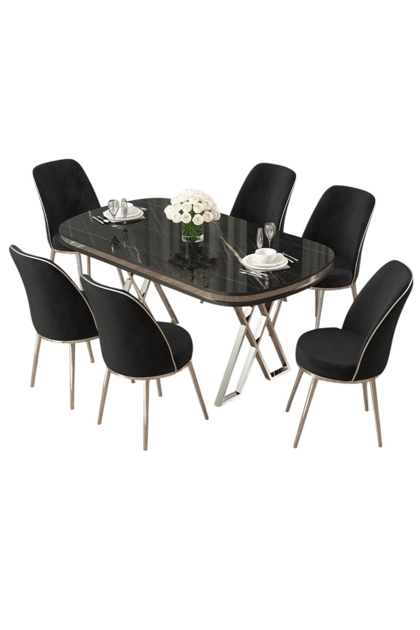 masa cu 6 scaune Set masa dining si 6 scaune negru/argintiu din metal Lai The Home Collection