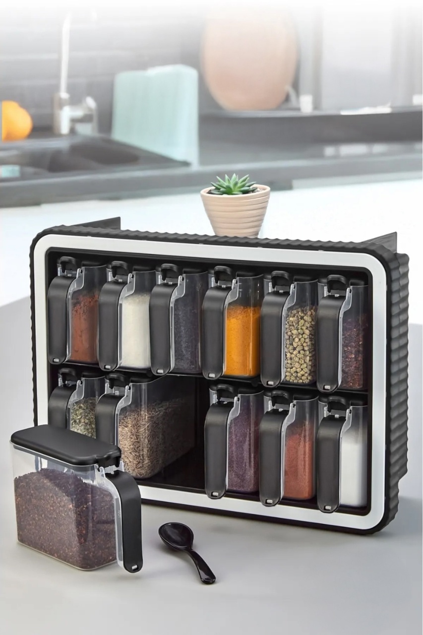 Spice Organizers Set 13 recipiente cu capac negru/alb din plastic MCH10351 The Home Collection