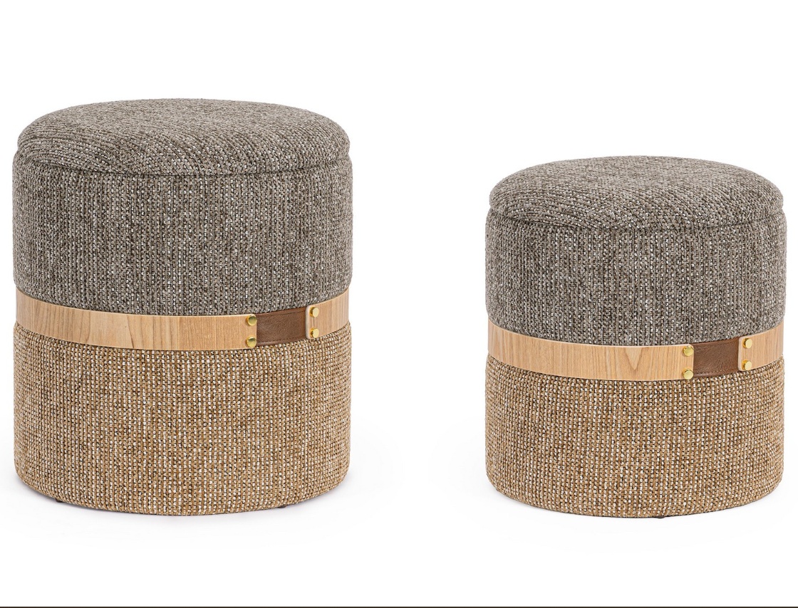 Ottomans Set 2 pufuri rotunde maro/albastru din textil Talya Bizzotto