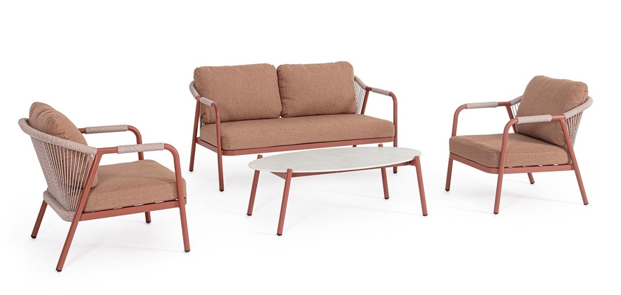 Outdoor Furniture Set canapea exterior cu 2 fotolii si masa de cafea maro cupru din metal Miravet Bizzotto