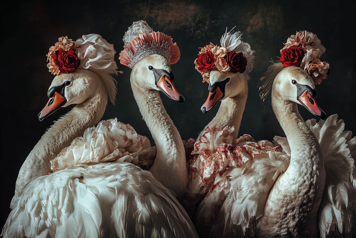 oferte dormitoare Tablou multicolor din sticla 80x120 cm Swans with flower hats Ter Halle