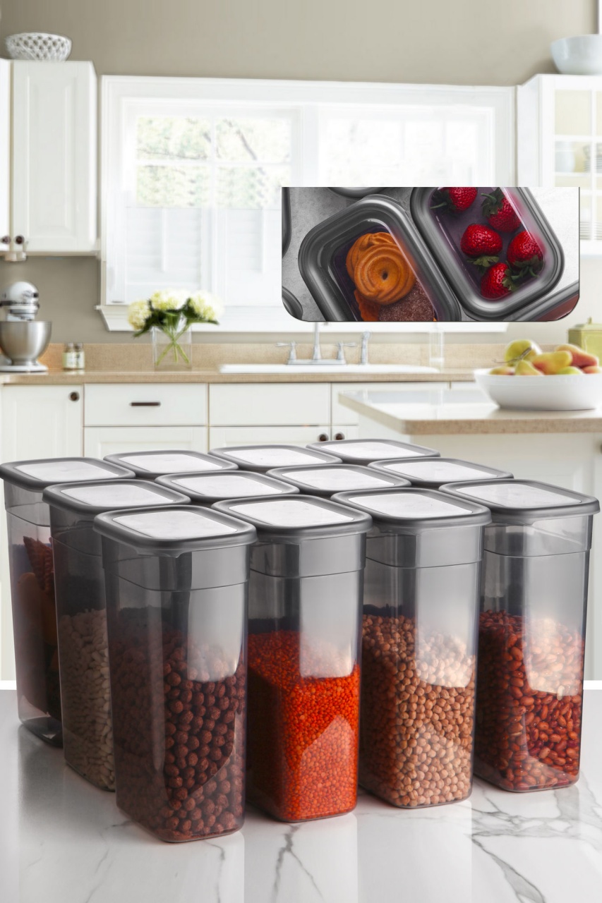 recipiente detergent Set 12 recipiente cu capac gri antracit din plastic 3,2 L BNMPEGYAR12 The Home Collection