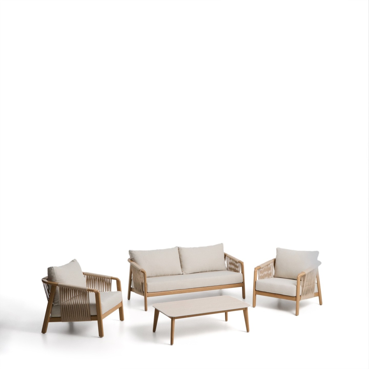 Outdoor Furniture Set canapea, 2 fotolii si masa de cafea exterior maro din metal Sirte Kave Home