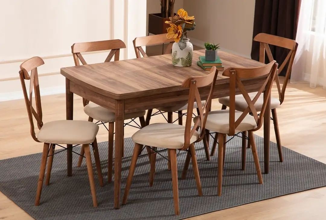 mese si scaune plastic ieftine Set masa dining extensibila si 6 scaune maro Cenova The Home Collection