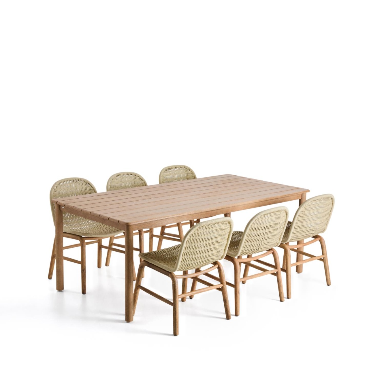 modele scaune din lemn rustice Set masa si 6 scaune exterior maro din lemn Sori Kave Home