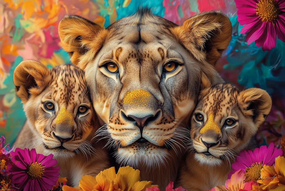 dormitoare complete Tablou multicolor din sticla 80x120 cm Artistic lions among the flowers Ter Halle