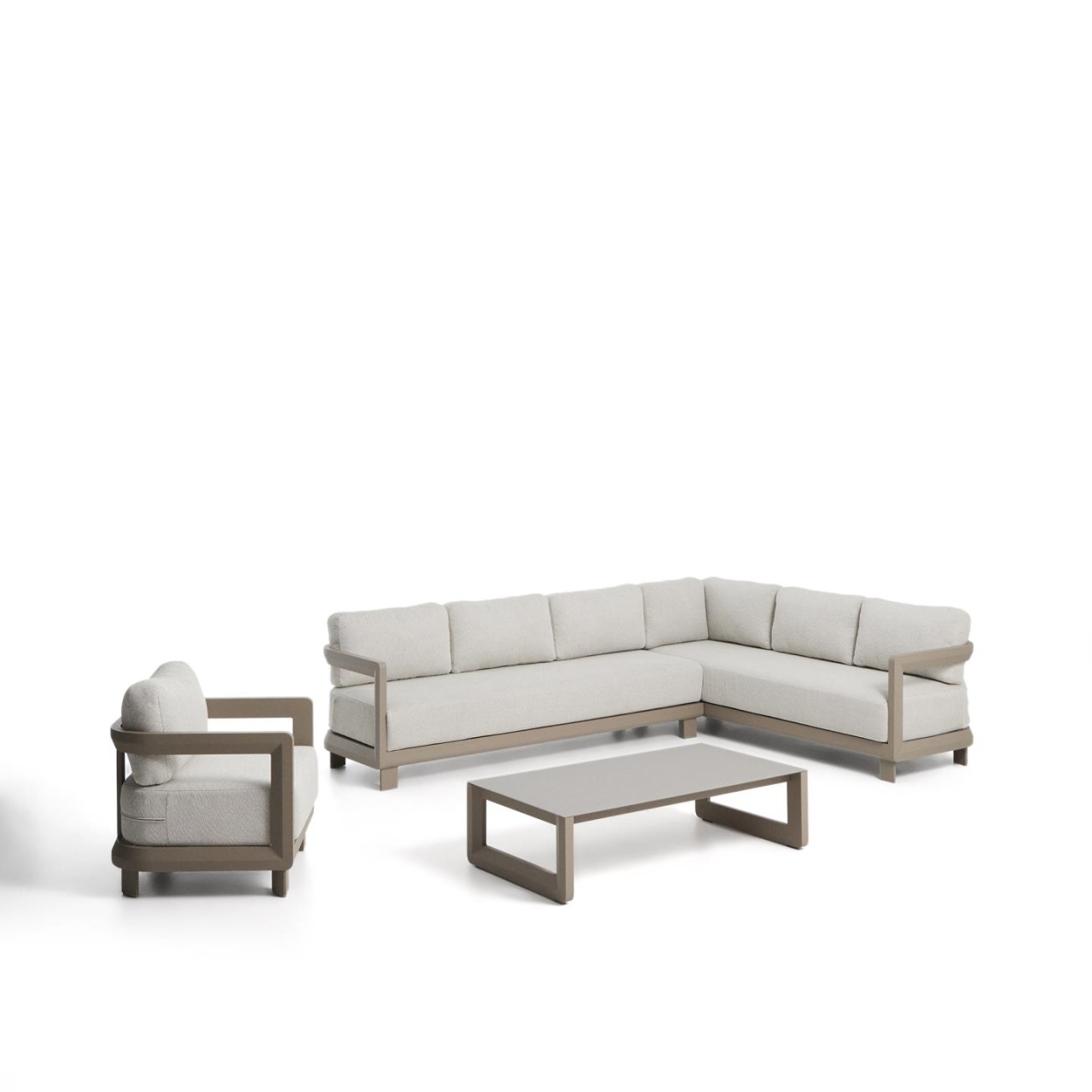 termos cafea Set canapea cu colt, fotoliu si masa de cafea exterior grej din metal Nerano Kave Home