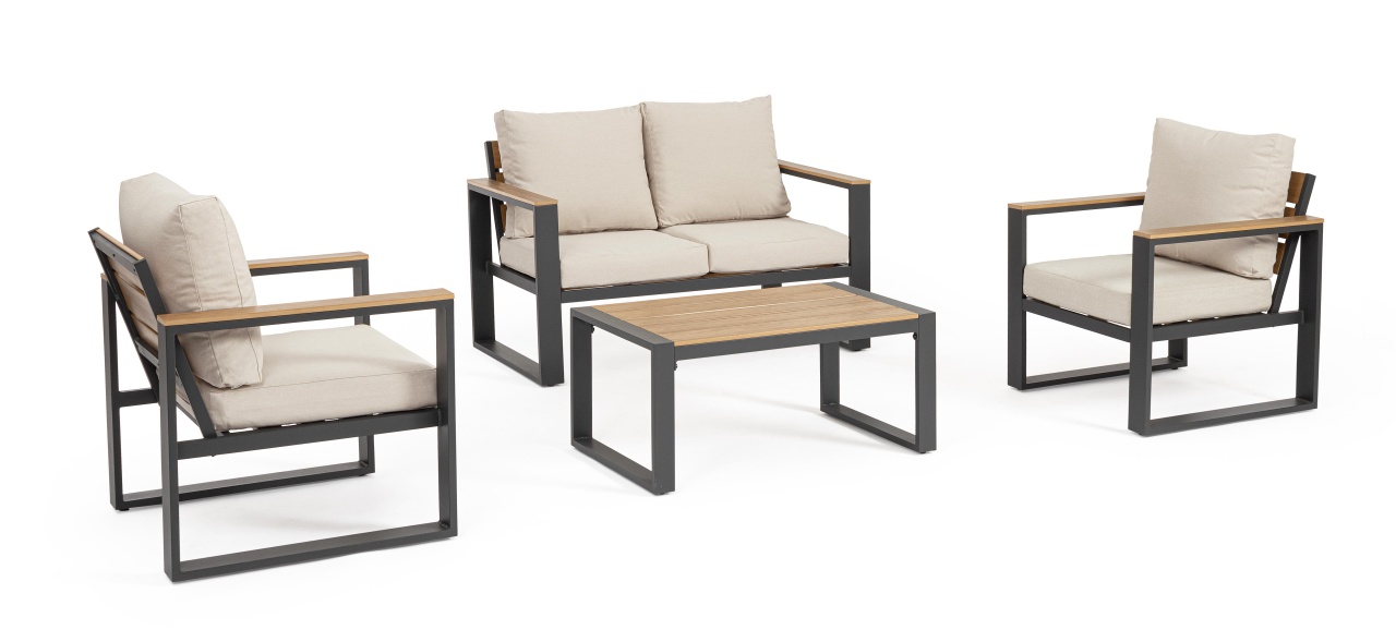 Outdoor Furniture Set canapea exterior cu 2 fotolii si masa de cafea maro/gri carbune din metal Leandro Bizzotto