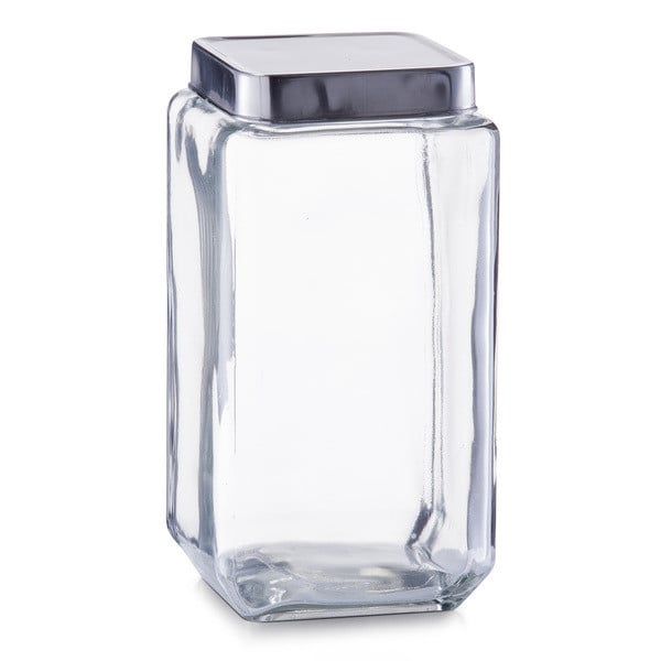 Borcan cu capac transparent/argintiu din sticla si metal 2 L Storage Jar Square XL Zeller