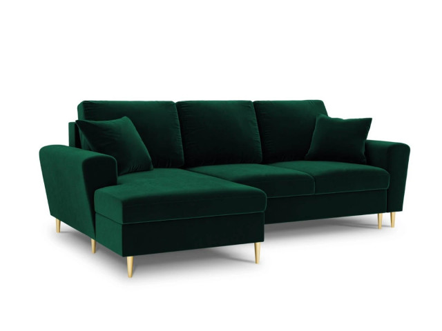 Canapea cu colt extensibila verde inchis/auriu din catifea si lemn de pin pentru 4 persoane Moghan Besolux