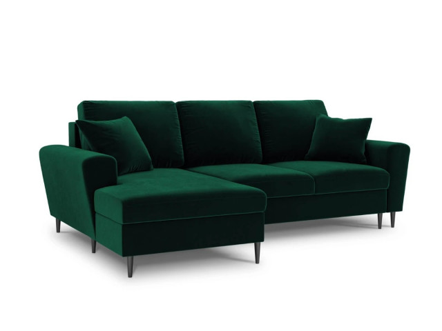 Canapea cu colt extensibila verde inchis/negru din catifea si lemn de pin pentru 4 persoane Moghan Besolux