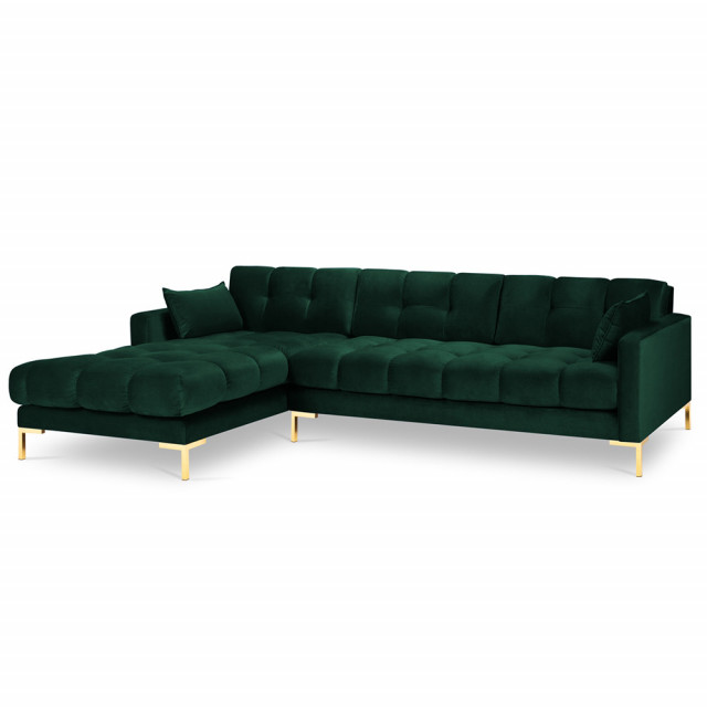 Canapea cu colt verde/aurie din catifea si lemn de pin pentru 5 persoane Maraia Left Besolux
