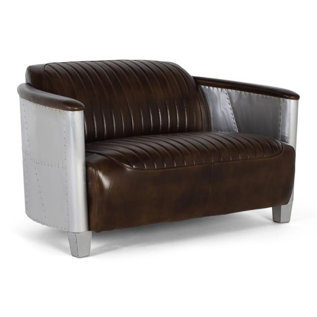 Canapea gri/maro din piele pentru 2 persoane Aviator Giner y Colomer