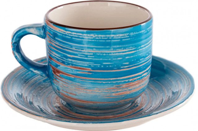 Ceasca cu farfurioara albastra/maro din ceramica 8x15 cm Swirl Kare