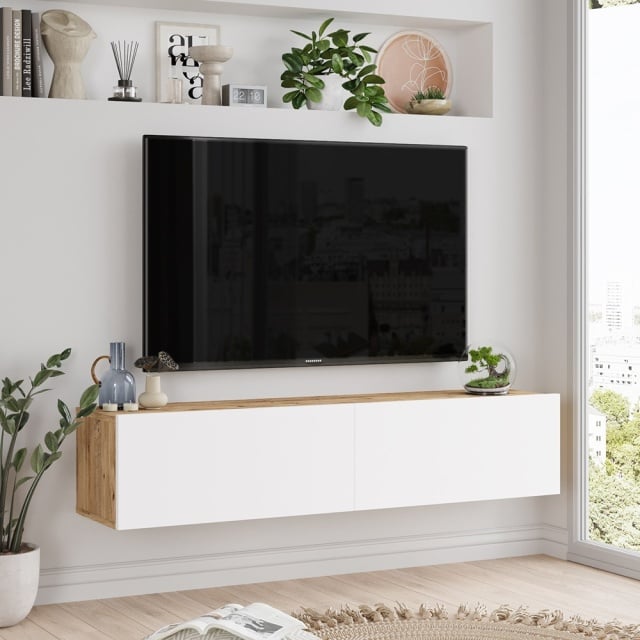 Comoda TV alba/maro din lemn 140 cm Vyro The Home Collection