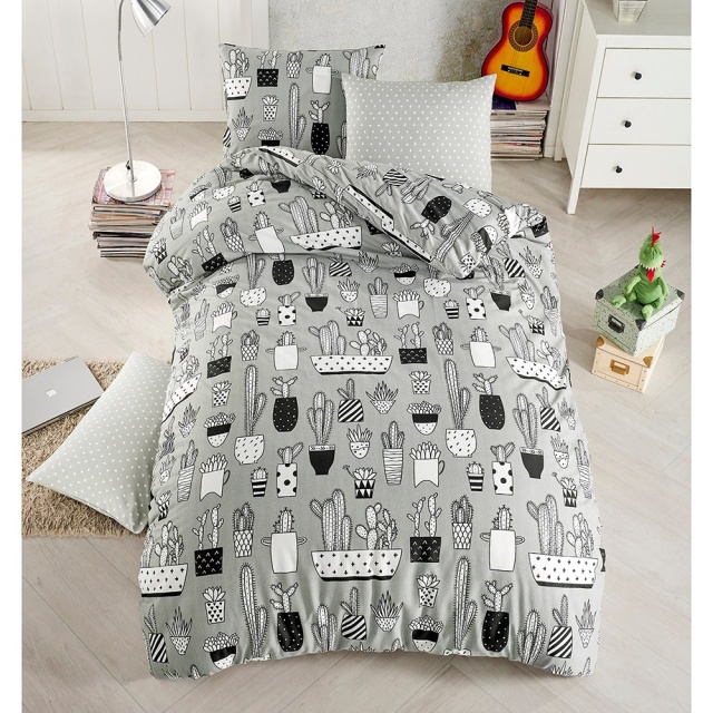 Lenjerie pat gri/neagra din bumbac Cactus The Home Collection