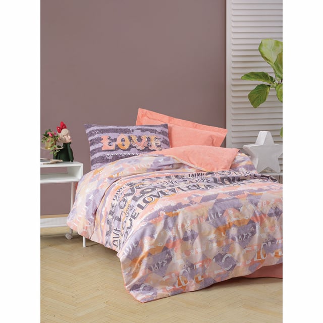 Lenjerie pat roz pudra/multicolora din bumbac Love Fitted The Home Collection
