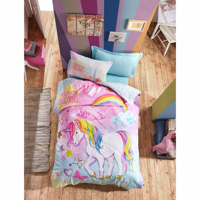 Lenjerie pat verde menta/multicolora din bumbac Dream The Home Collection