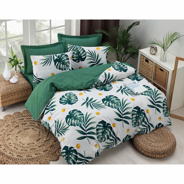 Lenjerie pat verde/multicolora din bumbac Monstera Double The Home Collection