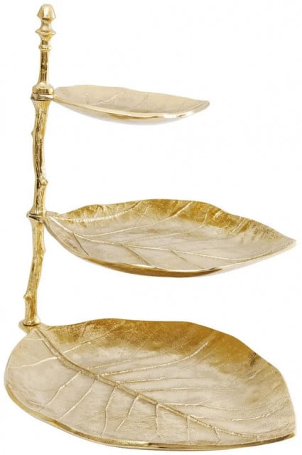 Platou cu 3 niveluri auriu din metal 46 cm Leaf Kare