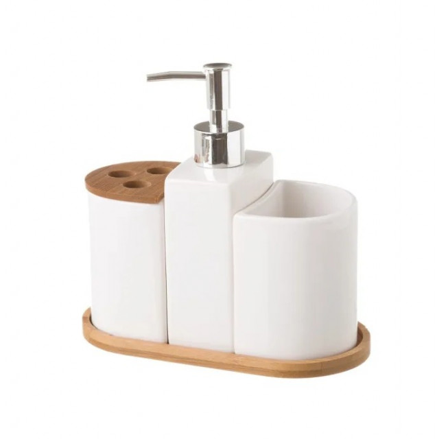 Set 3 accesorii baie si suport din ceramica si bambus White Nigel The Home Collection