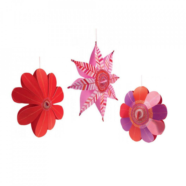 Set 3 decoratiuni suspendabile multicolore din hartie Flowers Djeco