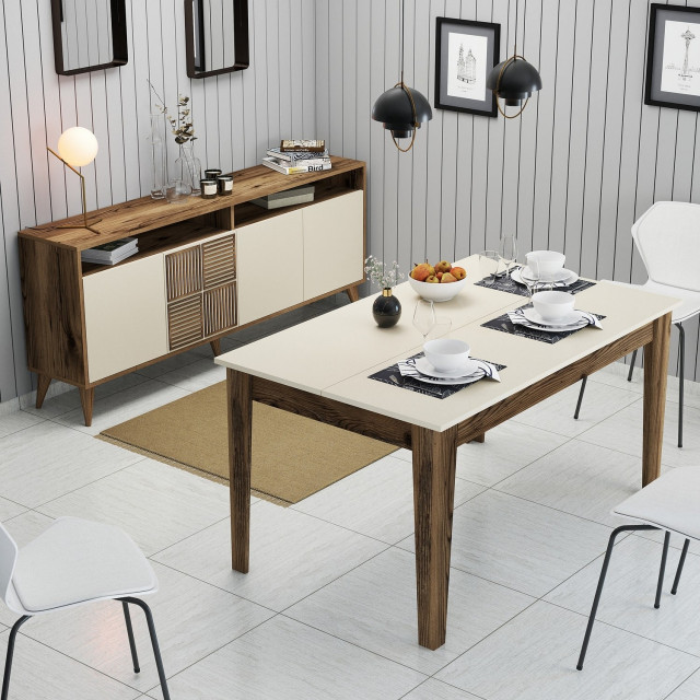 Set bufet inferior si masa dining maro/crem din lemn Milan The Home Collection