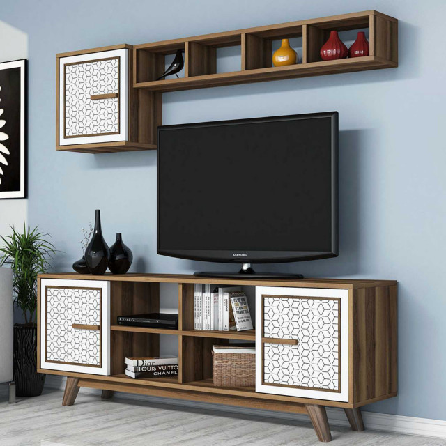 Set comoda TV, raft si dulap maro/alb din lemn Ayla The Home Collection