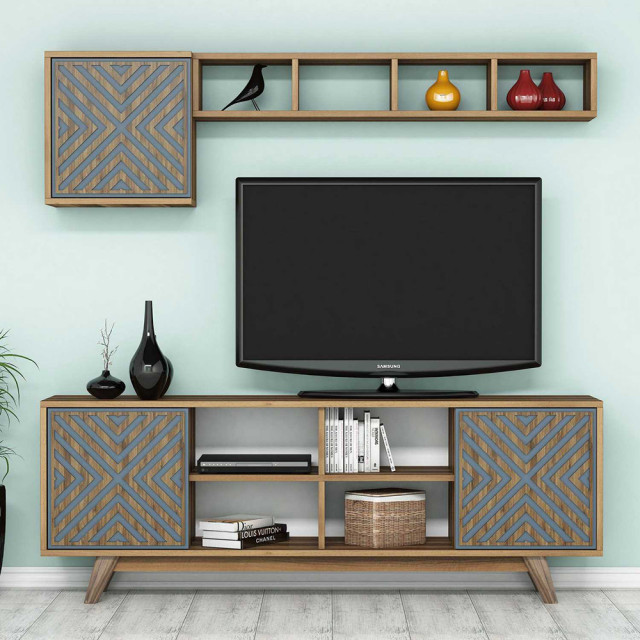 Set comoda TV, raft si dulap maro/albastru din lemn Inci The Home Collection