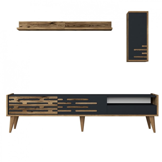 Set comoda TV, raft si dulap maro/gri din lemn Valensya The Home Collection