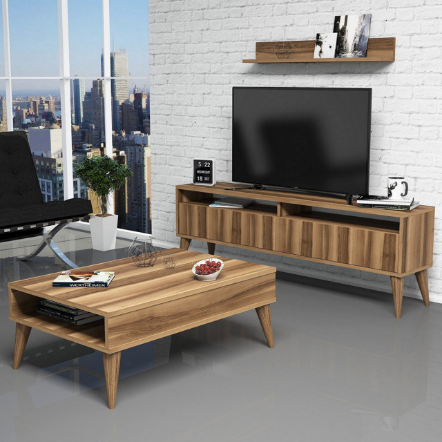 Set comoda TV, raft, si masa de cafea maro din lemn Best The Home Collection