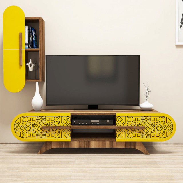 Set comoda TV si raft galben/maro din lemn Defne The Home Collection