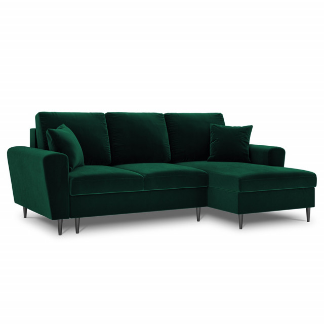 Canapea cu colt extensibila verde inchis/negru din catifea pentru 4 persoane Moghan Right Besolux